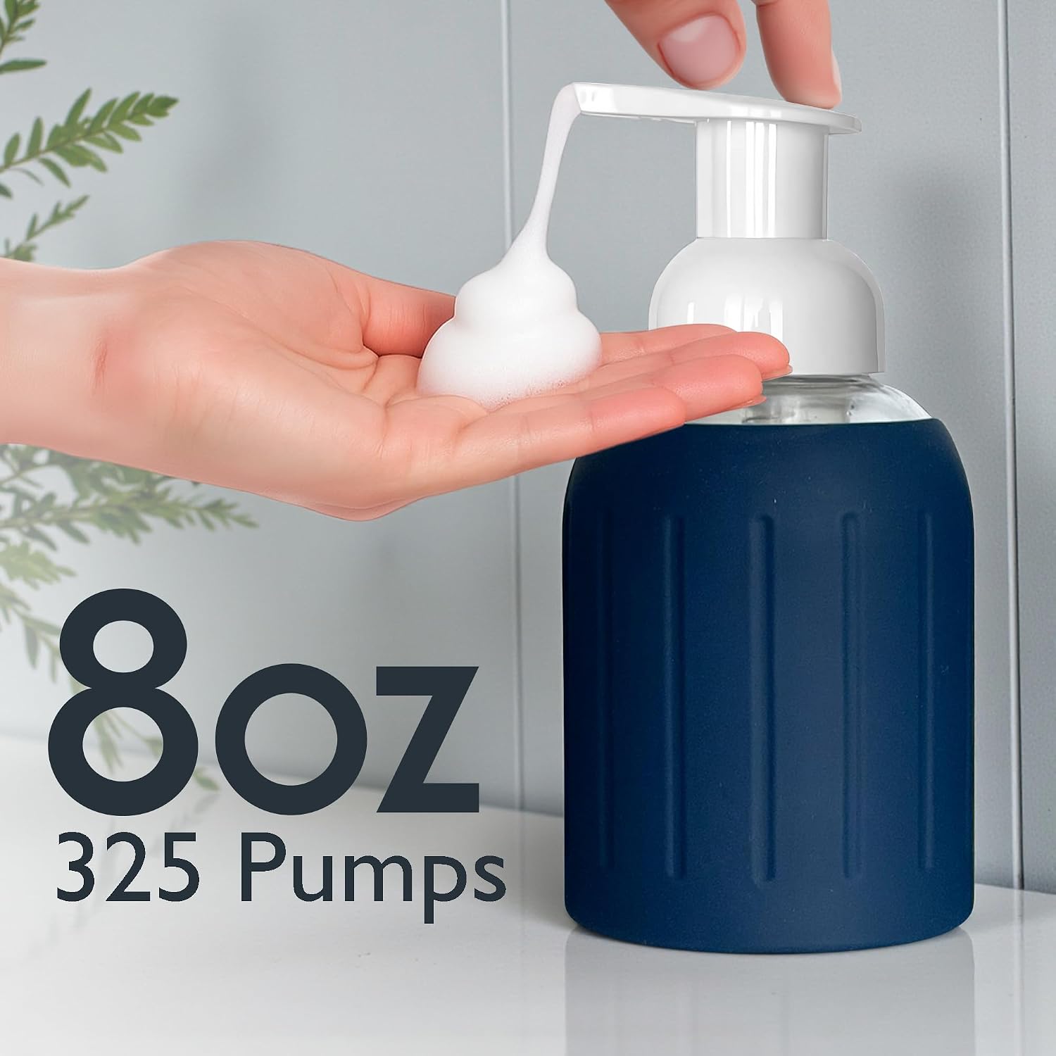 8oz Glass Foaming Soap Dispenser w/ Soft Silicone Sleeve- Seashells- Navy Blue