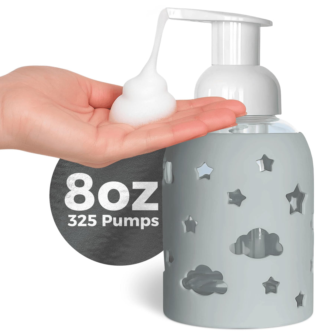 SoCal Suds &amp; Company Glass Bottle Foaming Soap Dispenser - Soft Grip Silicone Sleeve, Refillable Pump Bottle for Kids, Baby Wash &amp; Shampoo, Hand Soap Dispenser, Ideal for Home Use, Light Grey 8oz