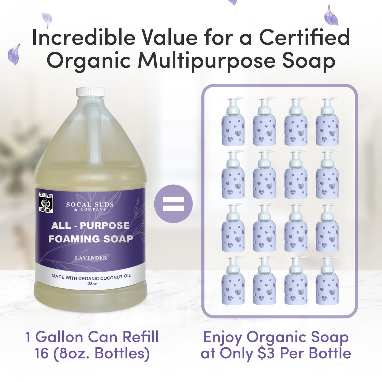 SoCal Suds &amp; Company 128oz Certified Organic Foaming Hand &amp; Body Wash - Gentle Natural Body,Baby &amp; Face Wash for Sensitive Skin, Moisturizing Soap, Hand Soap and More - Lavender