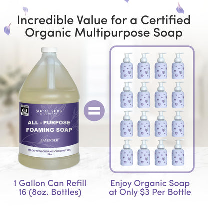 SoCal Suds &amp; Company 128oz Certified Organic Foaming Hand &amp; Body Wash - Gentle Natural Body,Baby &amp; Face Wash for Sensitive Skin, Moisturizing Soap, Hand Soap and More - Lavender