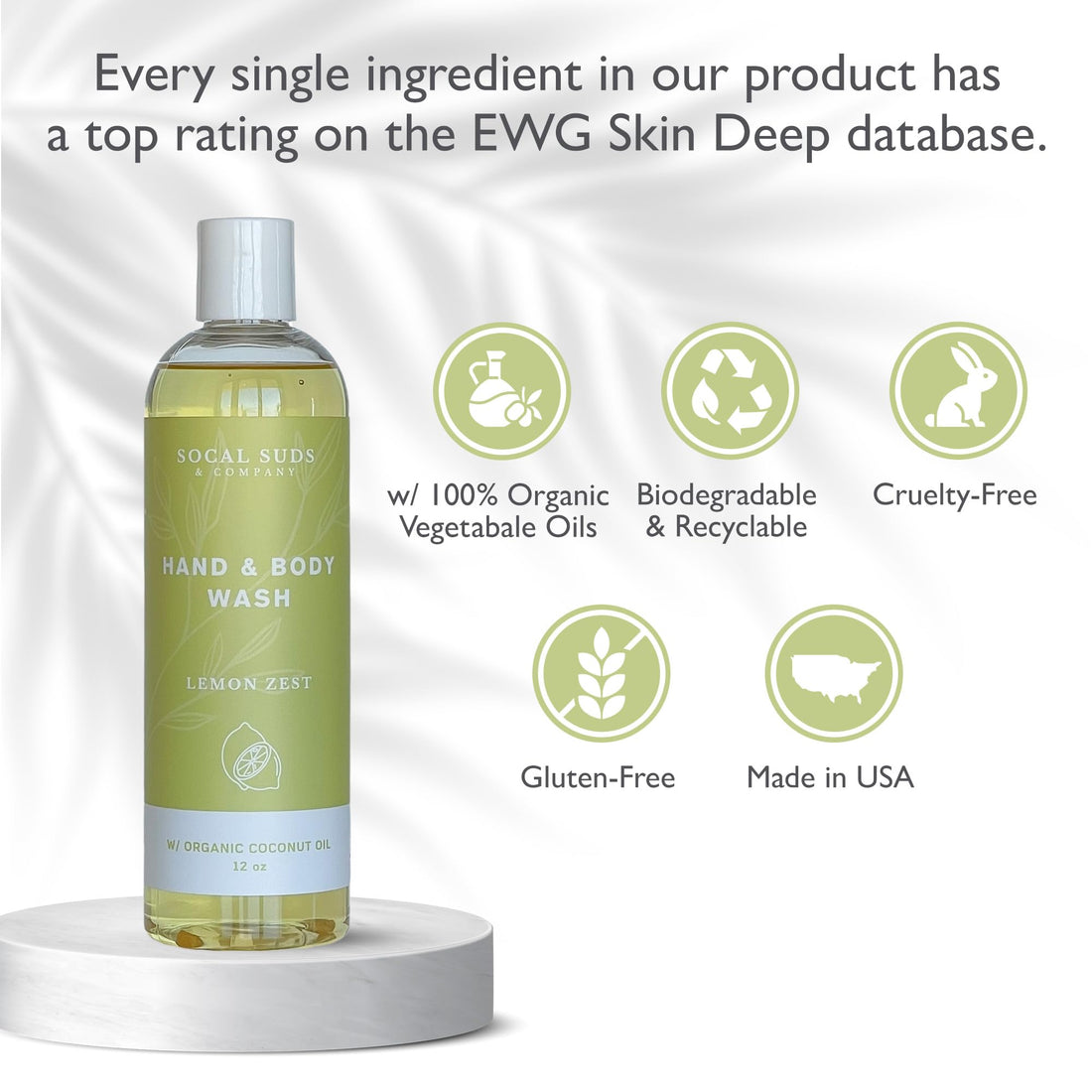 SoCal Suds &amp; Company 12oz Organic Soap Liquid, Gentle Hand &amp; Body Wash - Organic Body Wash for Men and Women, Made w/Organic Oils &amp; Coconut Oil, Bath Essentials for All Skin Types - Lemon Zest