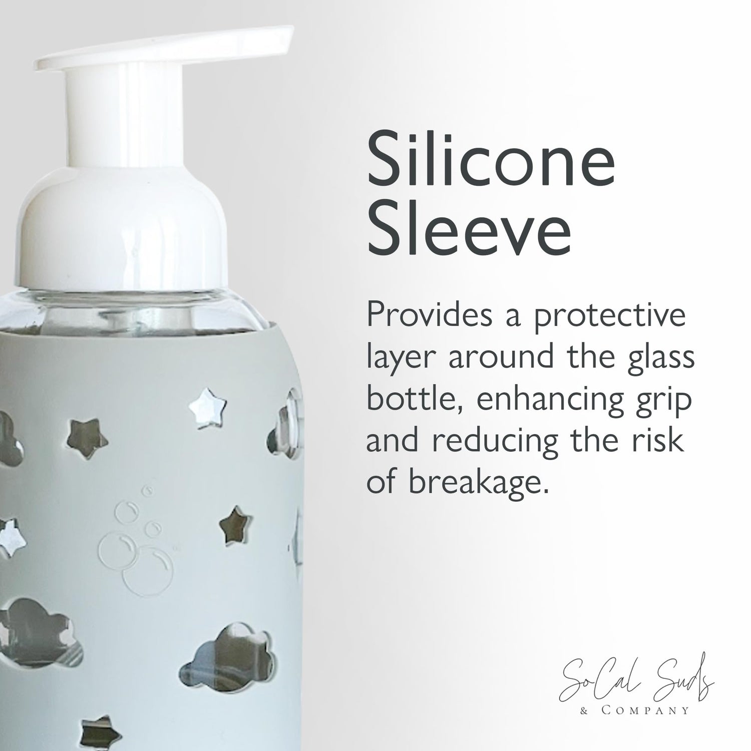 SoCal Suds &amp; Company Glass Bottle Foaming Soap Dispenser - Soft Grip Silicone Sleeve, Refillable Pump Bottle for Kids, Baby Wash &amp; Shampoo, Hand Soap Dispenser, Ideal for Home Use, Light Grey 8oz