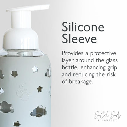 SoCal Suds &amp; Company Glass Bottle Foaming Soap Dispenser - Soft Grip Silicone Sleeve, Refillable Pump Bottle for Kids, Baby Wash &amp; Shampoo, Hand Soap Dispenser, Ideal for Home Use, Light Grey 8oz
