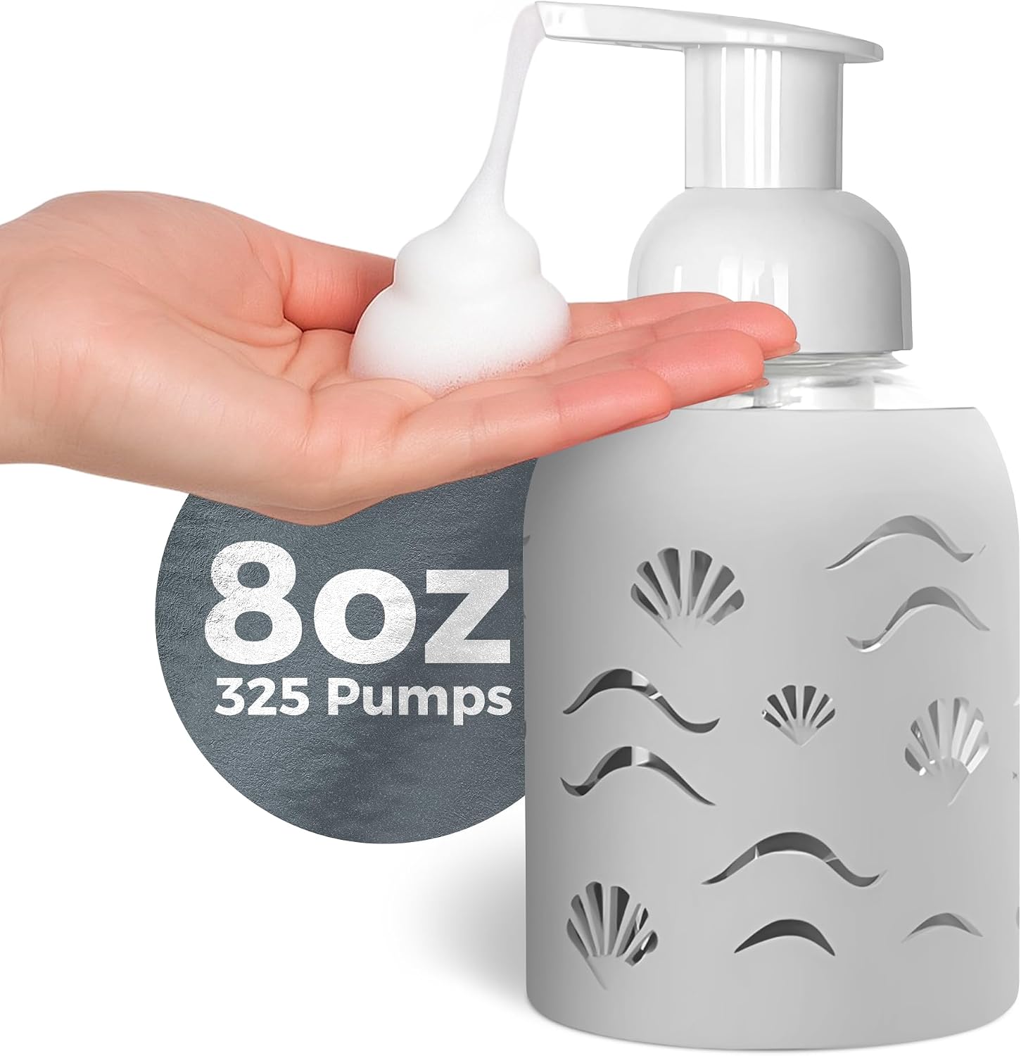 8oz Glass Foaming Soap Dispenser w/ Soft Silicone Sleeve- Seashells- Sand