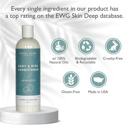 SoCal Suds &amp; Company Organic Baby &amp; Kids Conditioner - Gentle Natural Ingredients, Vitamin Rich Organic Oils for Babies and Kids Sensitive Scalp - Fragrance Free, 12oz - 2 Pack