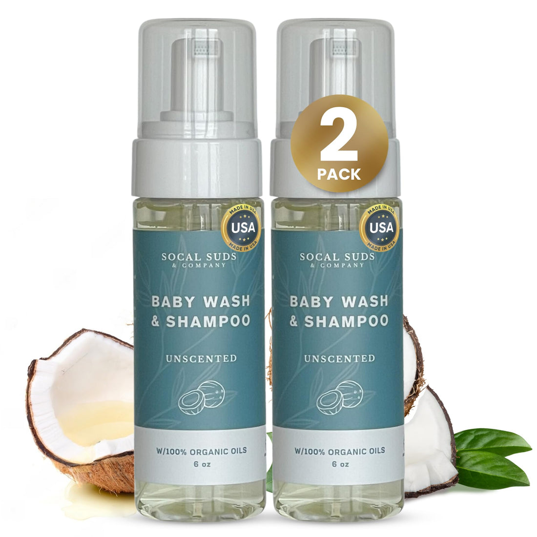 SoCal Suds &amp; Company Gentle Botanical Baby Wash for Sensitive Skin - 2-in-1 Organic Foaming Shampoo &amp; Body Wash - Clean Natural Nourishing Castile Soap Ingredients - Fragrance Free, 6 oz (Pack of 2)