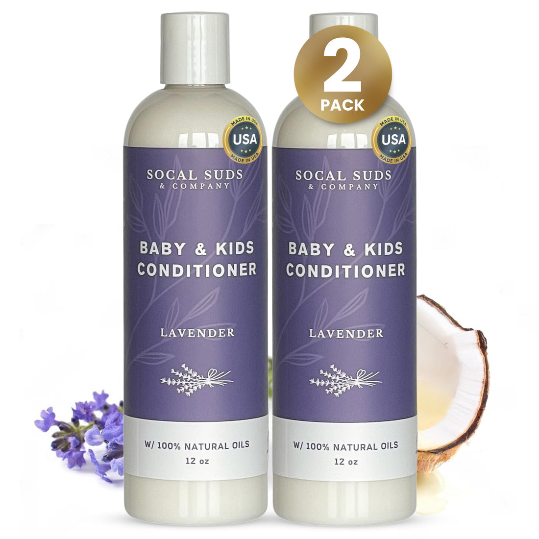 SoCal Suds &amp; Company Organic Baby &amp; Kids Conditioner - Gentle Natural Ingredients, Vitamin Rich Organic Oils for Babies and Kids Sensitive Scalp - Lavender, 12oz - 2 Pack