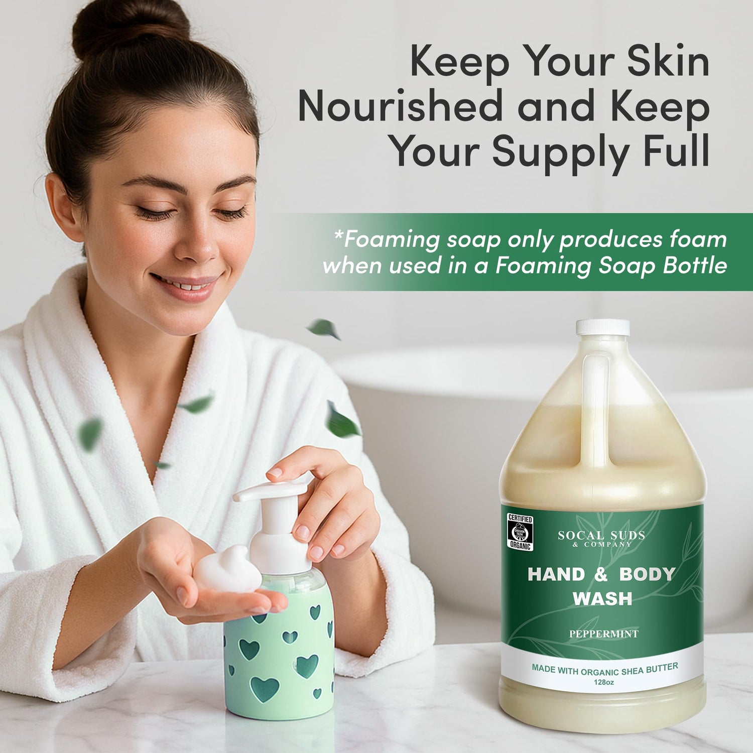 SoCal Suds &amp; Company 128oz Certified Organic Hand &amp; Body Wash w/ Shea Butter - Gentle Natural Body,Baby &amp; Face Wash for Sensitive Skin, Moisturizing Thick Castile Soap, Hand Soap and More - Peppermint