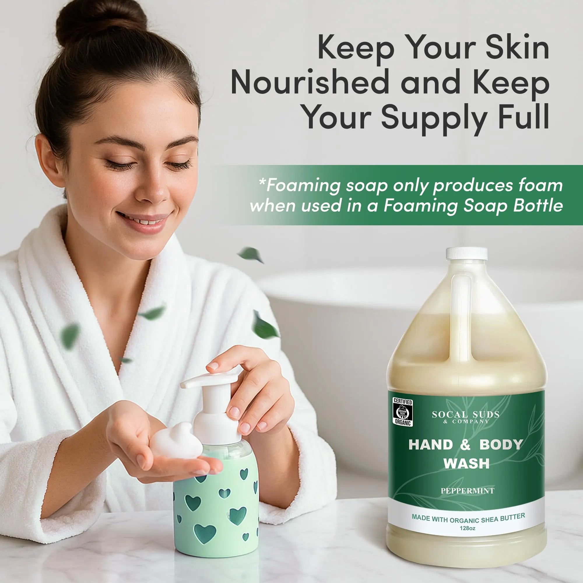128oz Certified Organic Hand & Body Wash w/ Shea Butter - Gentle Natural Body,Baby & Face Wash for Sensitive Skin, Moisturizing Thick Castile Soap, Hand Soap and More - Peppermint
