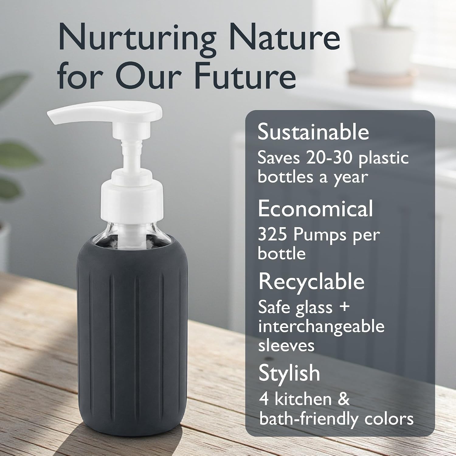8oz Glass Gel Soap Dispenser w/ Soft Silicone Sleeve- Fluted- Charcoal