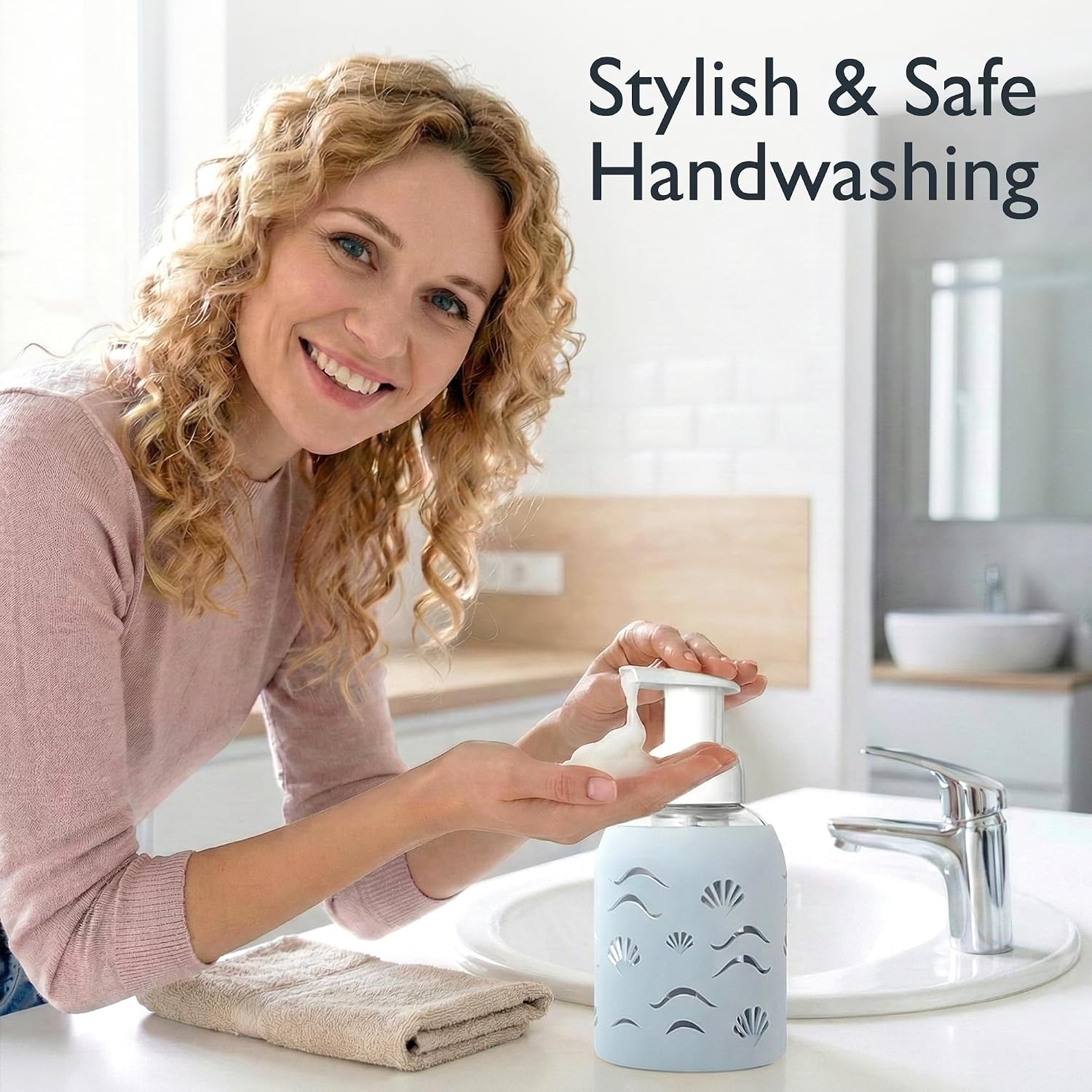 8oz Glass Foaming Soap Dispenser w/ Soft Silicone Sleeve- Seashells- Misty Blue