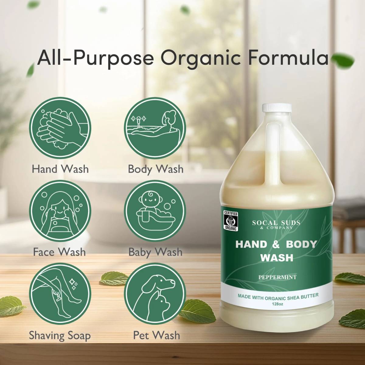 128oz Certified Organic Hand & Body Wash w/ Shea Butter - Gentle Natural Body,Baby & Face Wash for Sensitive Skin, Moisturizing Thick Castile Soap, Hand Soap and More - Peppermint
