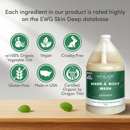 SoCal Suds &amp; Company 128oz Certified Organic Hand &amp; Body Wash w/ Shea Butter - Gentle Natural Body,Baby &amp; Face Wash for Sensitive Skin, Moisturizing Thick Castile Soap, Hand Soap and More - Peppermint
