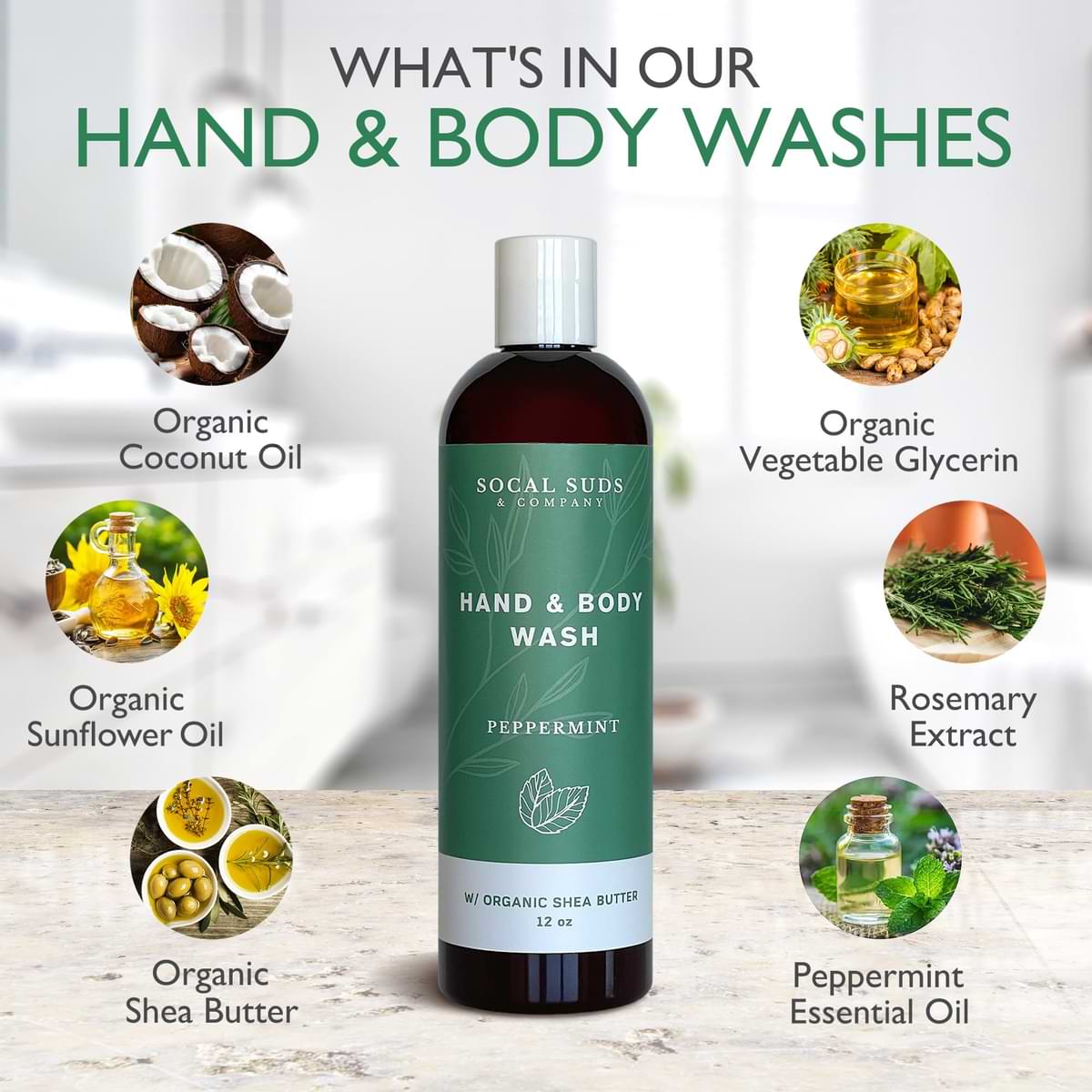 Hand & Body Wash Organic Shea Butter - Peppermint Scent - Liquid Soap - Daily Body Wash for Men and Women - Moisturizing Ingredients - Gentle Shower Gel - Non-Drying - 12oz