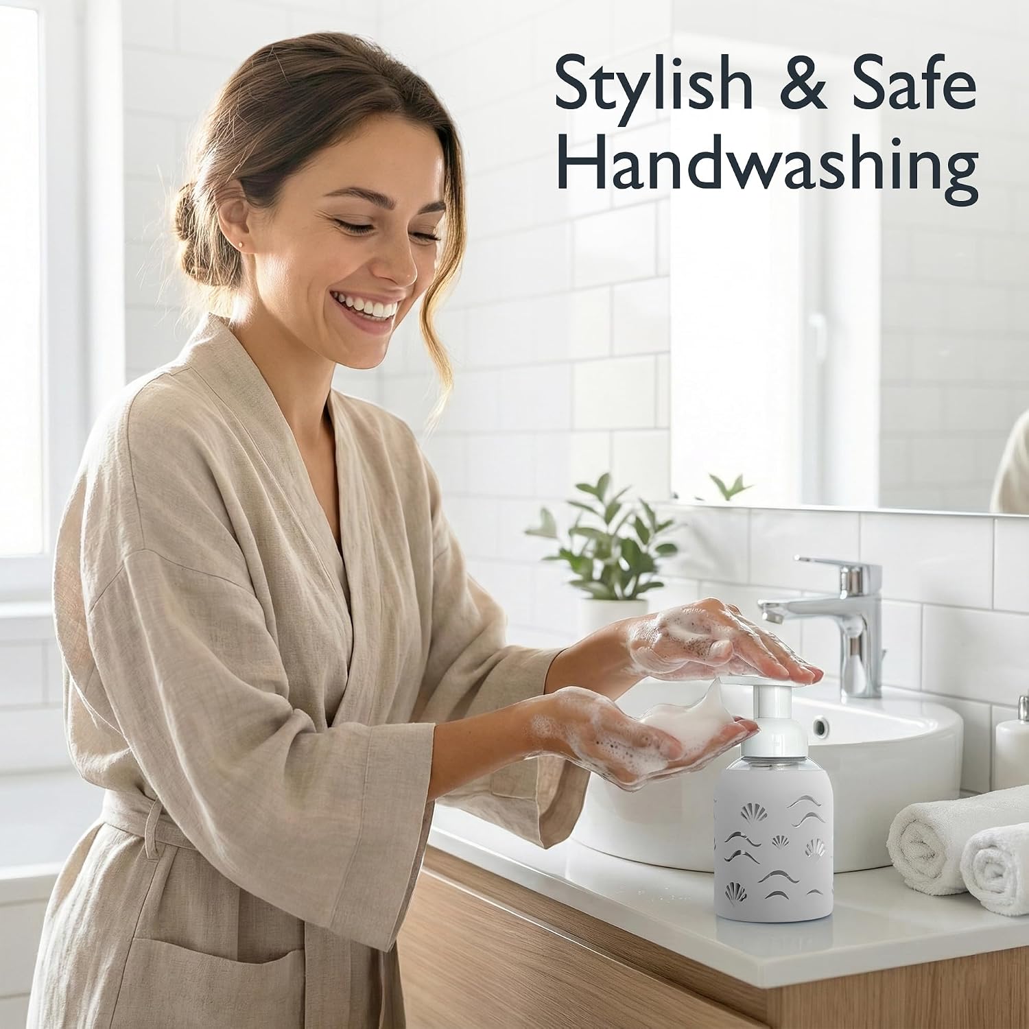 8oz Glass Foaming Soap Dispenser w/ Soft Silicone Sleeve- Seashells- Sand