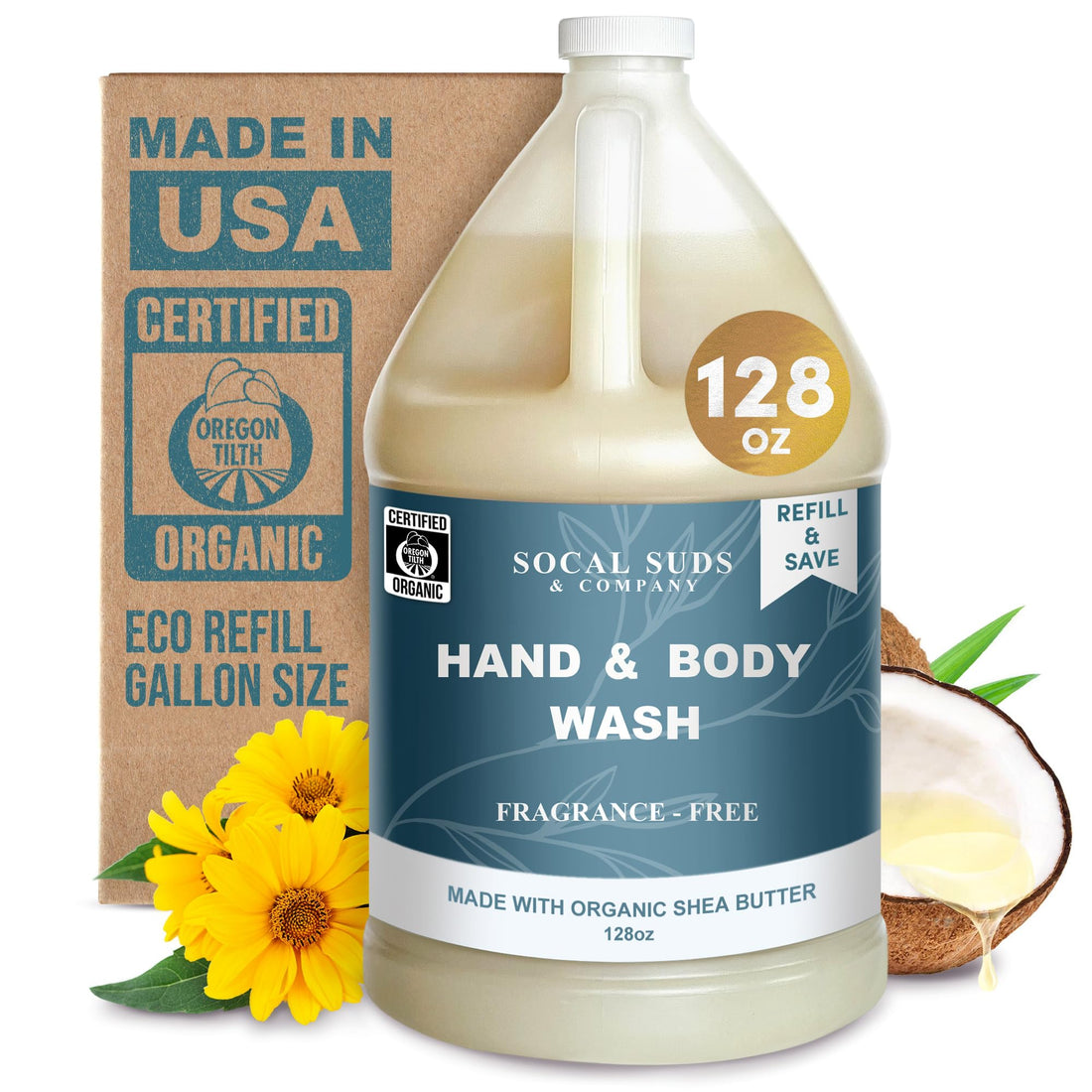 SoCal Suds &amp; Company 128oz Certified Organic Hand &amp; Body Wash w/ Shea Butter - Gentle Natural Body,Baby &amp; Face Wash for Sensitive Skin, Moisturizing Thick Castile, Hand Soap and More - Fragrance Free
