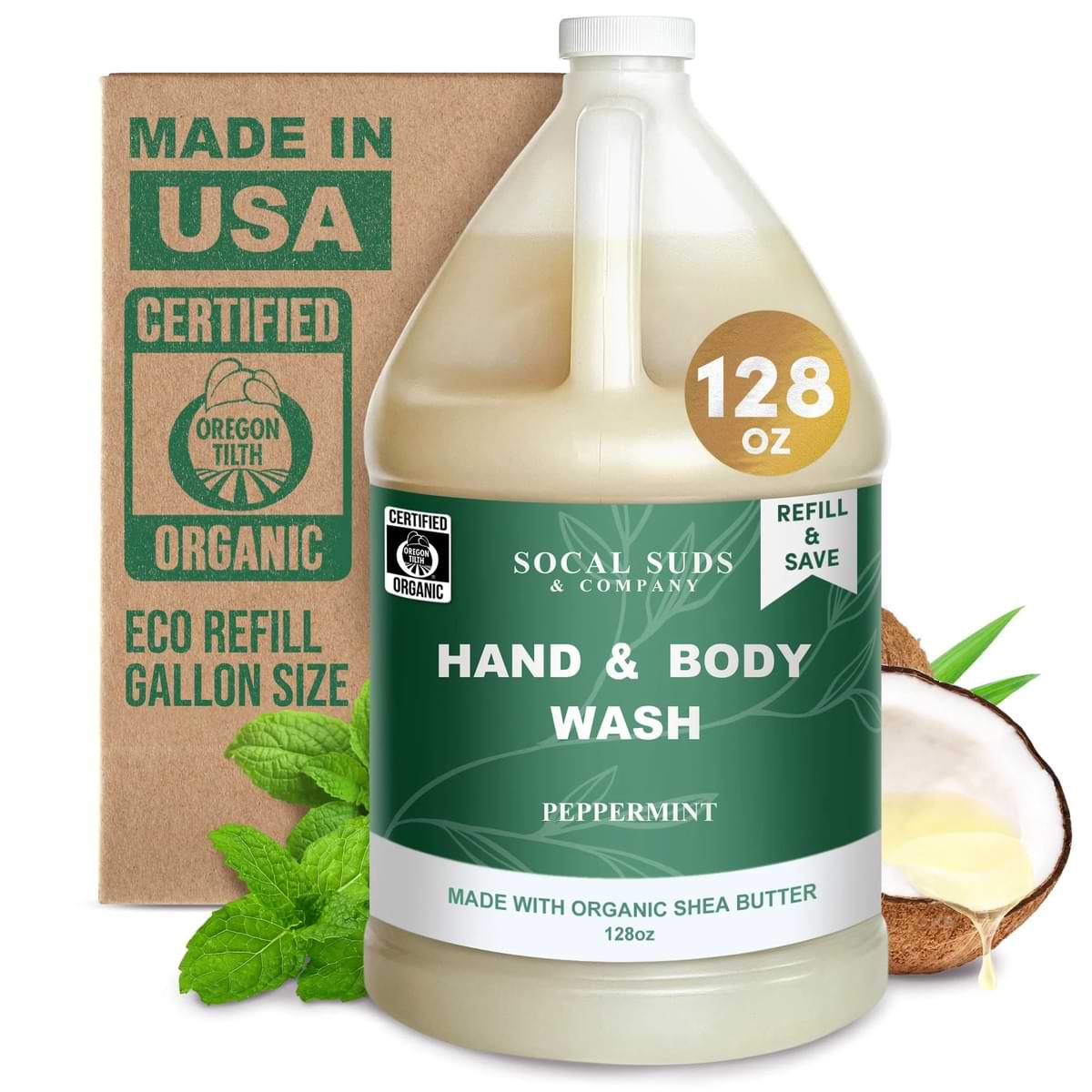 128oz Certified Organic Hand & Body Wash w/ Shea Butter - Gentle Natural Body,Baby & Face Wash for Sensitive Skin, Moisturizing Thick Castile Soap, Hand Soap and More - Peppermint