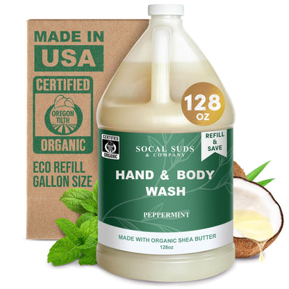 SoCal Suds &amp; Company 128oz Certified Organic Hand &amp; Body Wash w/ Shea Butter - Gentle Natural Body,Baby &amp; Face Wash for Sensitive Skin, Moisturizing Thick Castile Soap, Hand Soap and More - Peppermint