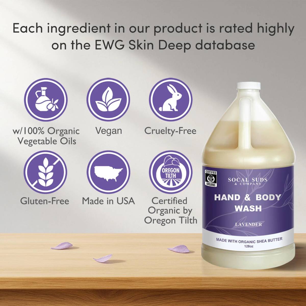 128oz Certified Organic Hand & Body Wash w/ Shea Butter - Gentle Natural Body, Baby & Face Wash for Sensitive Skin -  Moisturizing Thick Castile Soap, Hand Soap and More - Lavender