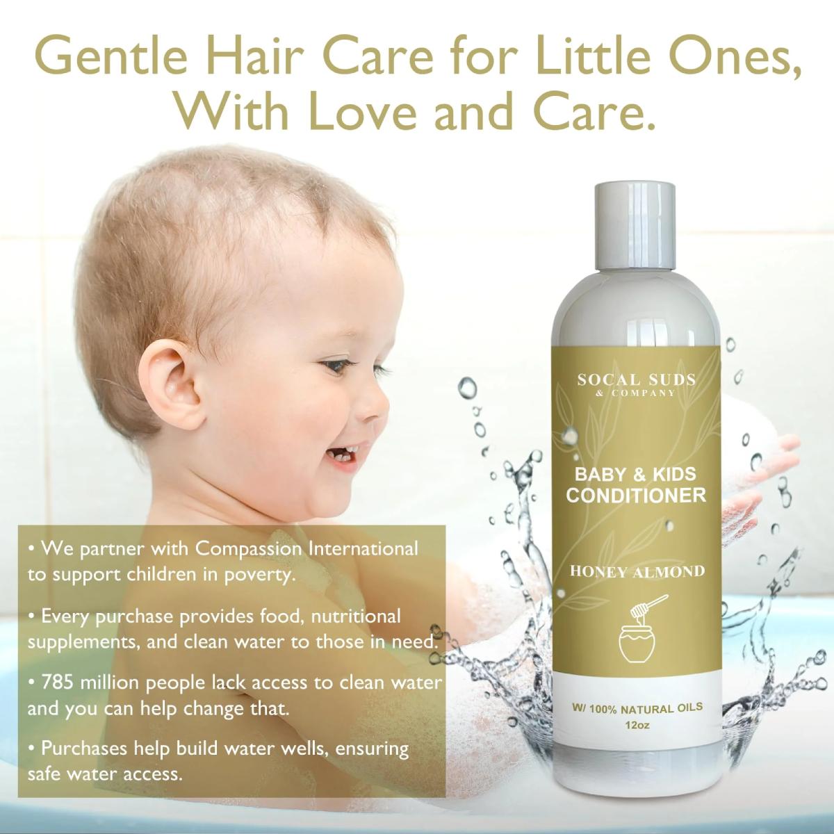 Organic Baby & Kids Conditioner – Moisturizing Formula with Natural Honey Almond Scent, Gentle & Nourishing, All Hair Types, Non-Greasy, Ideal for Sensitive Scalps, 12oz