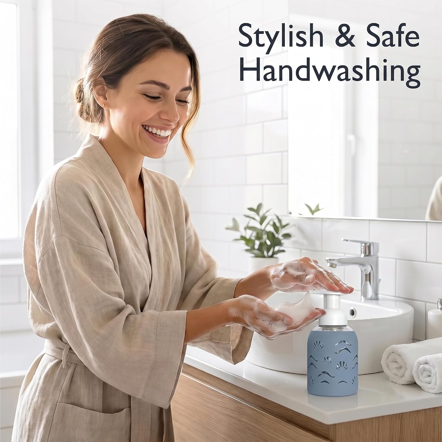 8oz Glass Foaming Soap Dispenser w/ Soft Silicone Sleeve- Seashells- Storm Blue