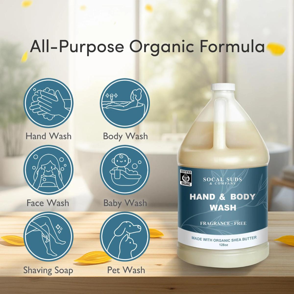 128oz Certified Organic Hand & Body Wash w/ Shea Butter - Gentle Natural Body,Baby & Face Wash for Sensitive Skin, Moisturizing Thick Castile, Hand Soap and More - Fragrance Free