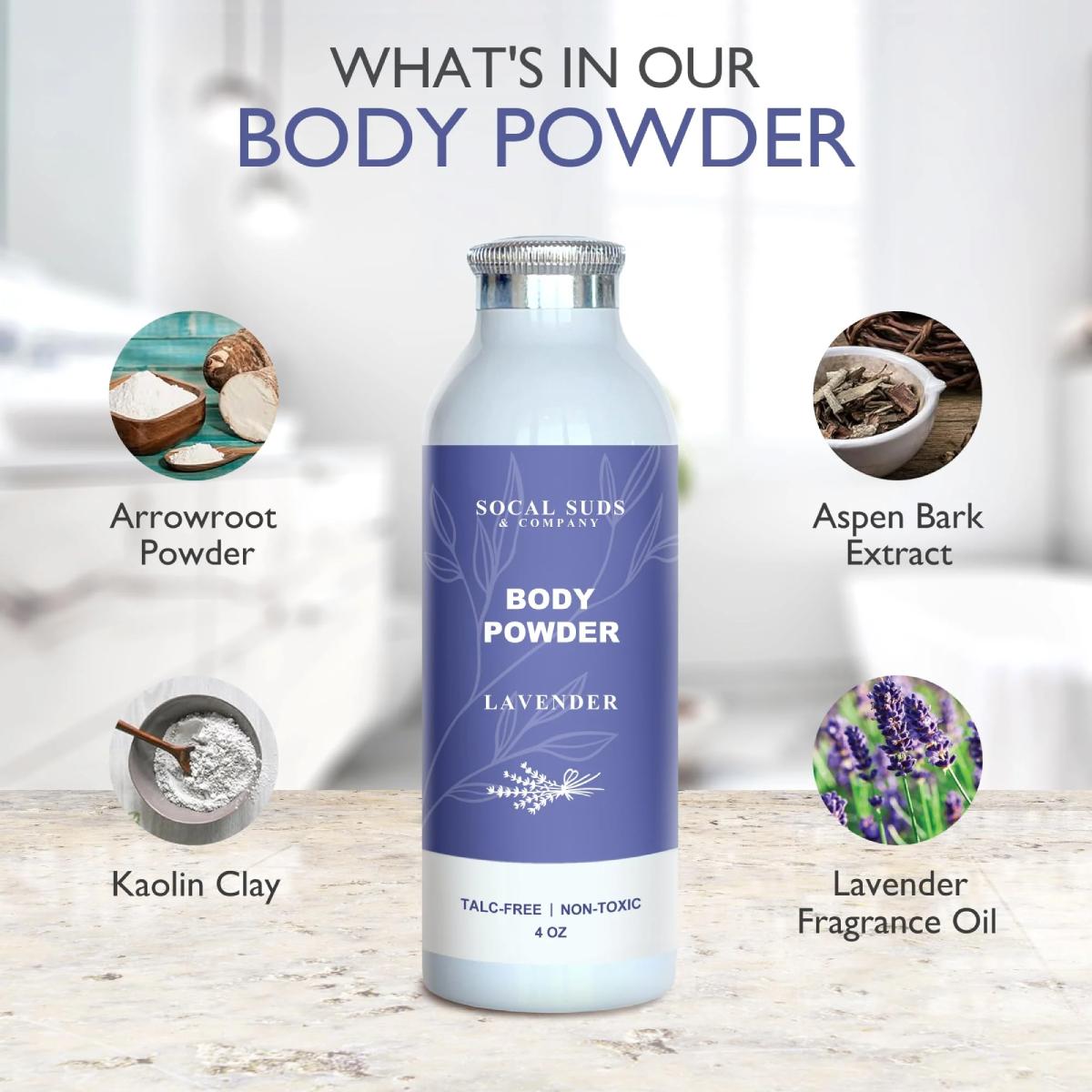 Natural Body Powder Talc-Free - with Arrowroot Powder, Kaolin, Aspen Bark Extract for Soft Soothing Delicate Skin - Lavender 4oz, 1-Pack