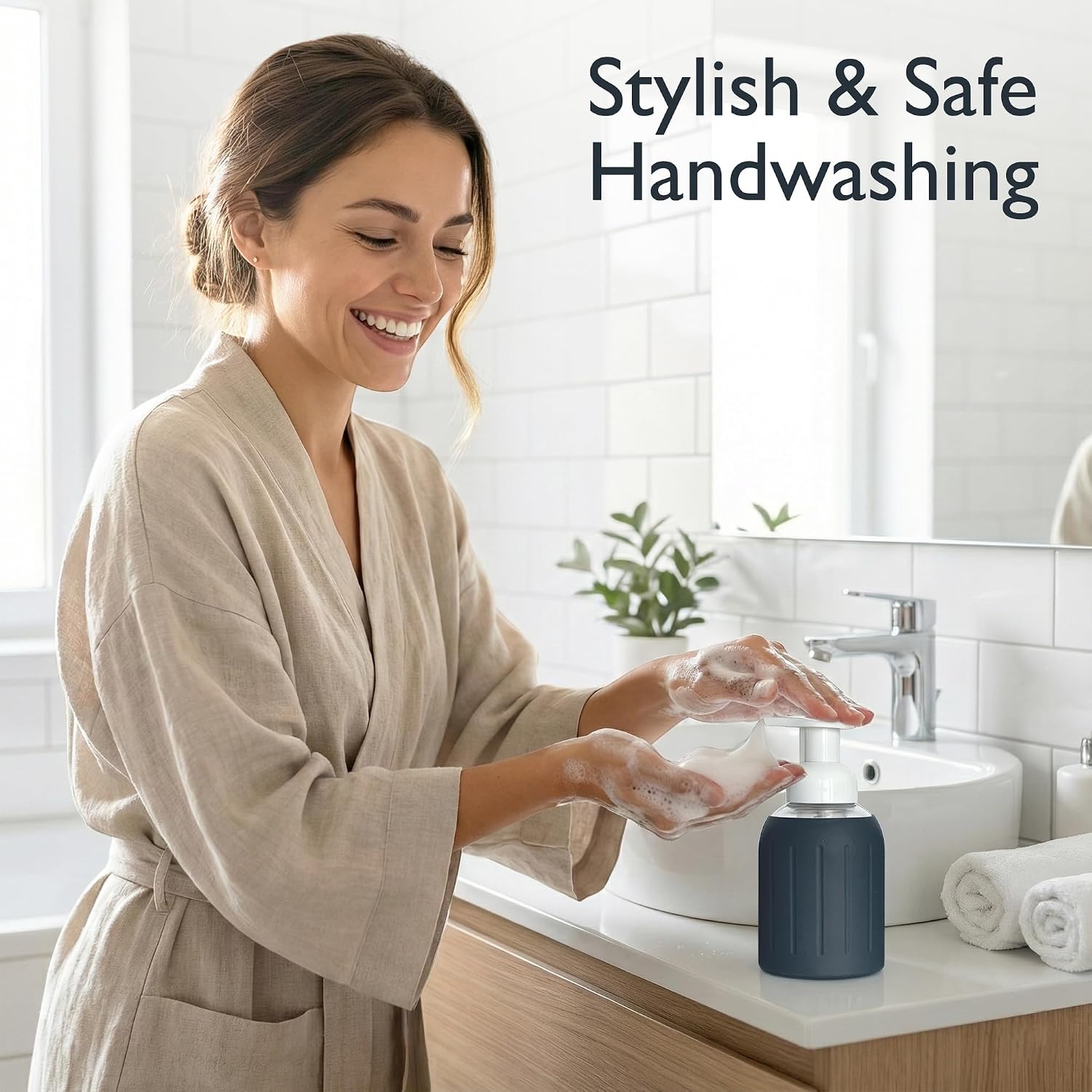 8oz Glass Foaming Soap Dispenser w/ Soft Silicone Sleeve- Fluted Charcoal