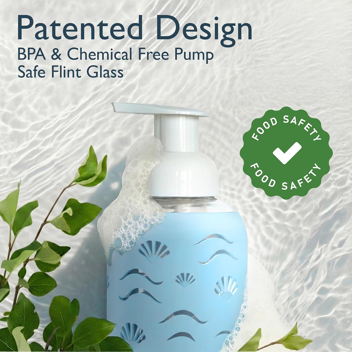 8oz Glass Foaming Soap Dispenser w/ Soft Silicone Sleeve- Seashells- Sea Foam