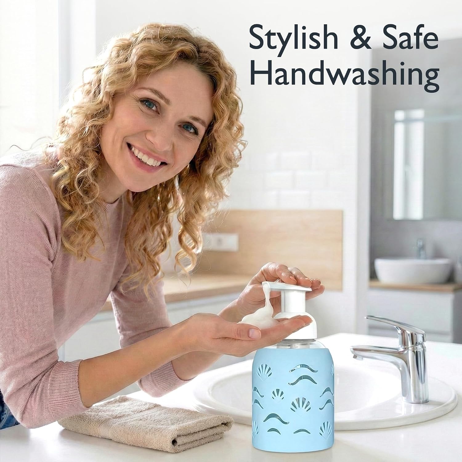 8oz Glass Foaming Soap Dispenser w/ Soft Silicone Sleeve- Seashells- Sea Foam