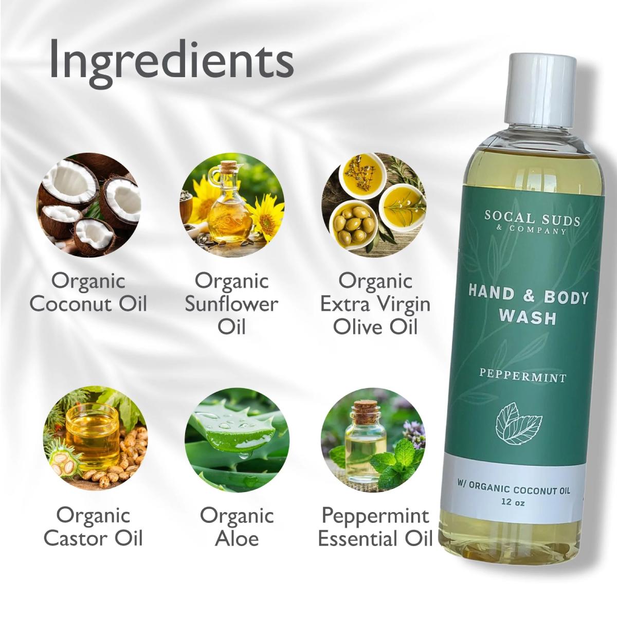 12oz Organic Soap Liquid, Gentle Hand & Body Wash, Organic Body Wash for Men and Women, Made w/Organic Oils & Coconut Oil, Bath Essentials for All Skin Types - 2pk Peppermint
