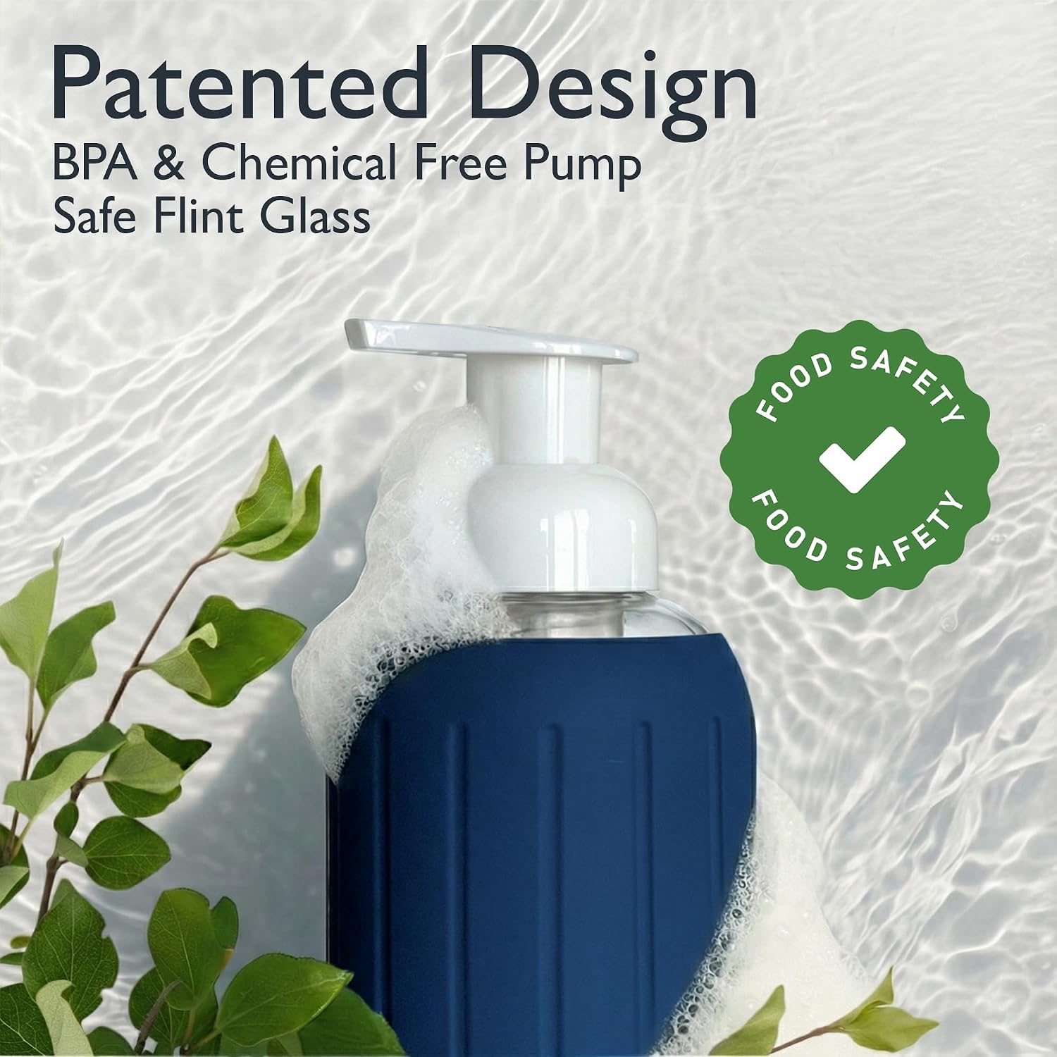 8oz Glass Foaming Soap Dispenser w/ Soft Silicone Sleeve- Seashells- Navy Blue