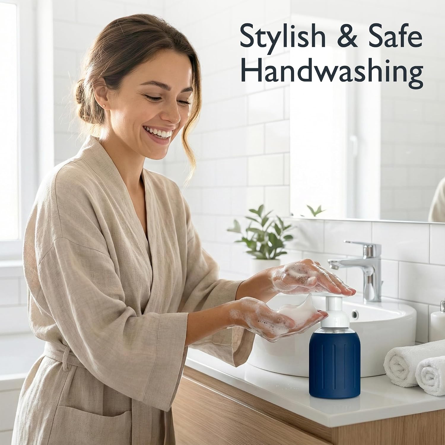 8oz Glass Foaming Soap Dispenser w/ Soft Silicone Sleeve- Seashells- Navy Blue