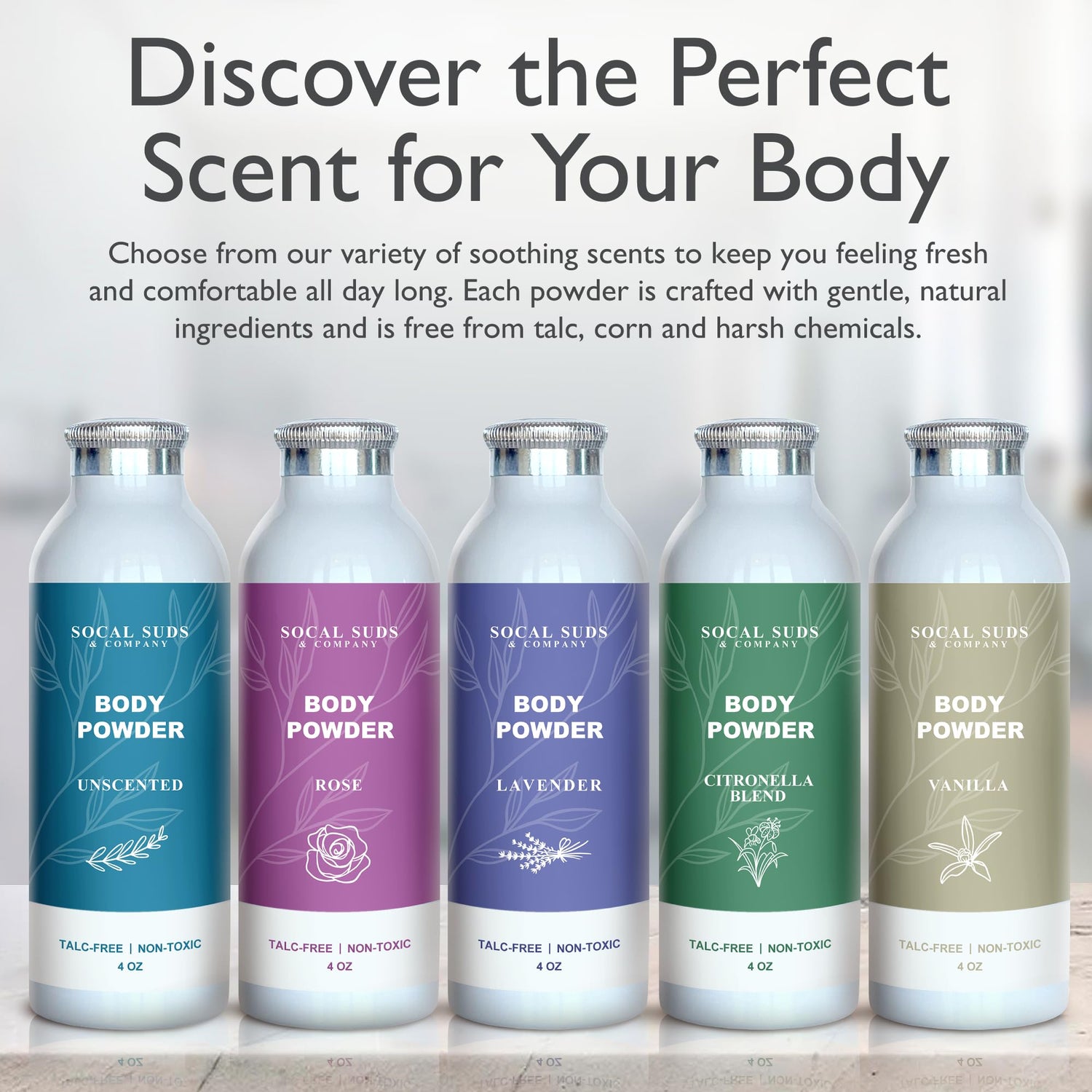 SoCal Suds &amp; Company Natural Body Powder Talc-Free - with Arrowroot Powder, Kaolin, Aspen Bark Extract for Soft Soothing Delicate Skin - Vanilla 4oz, 1-Pack