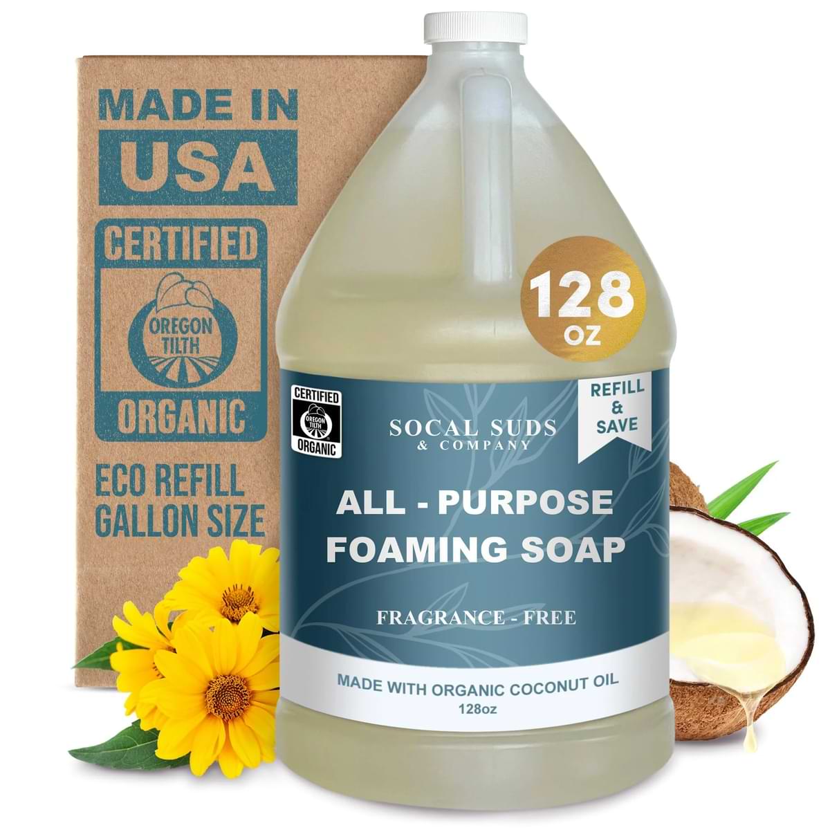 128oz Certified Organic Foaming Hand & Body Wash - Gentle Natural Body,Baby & Face Wash for Sensitive Skin, Moisturizing All-Purpose Foaming Soap & More - Fragrance Free