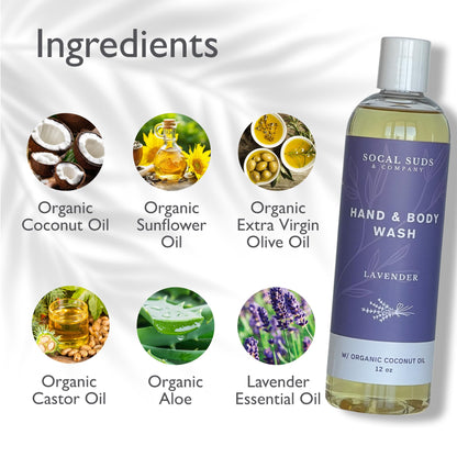 SoCal Suds &amp; Company Baby Shampoo &amp; Body Wash, 2-in-1 Organic Gel - Gentle Castile Soap with Vitamin-Infused Oils &amp; Botanicals - Natural Care for Sensitive Skin Hypoallergenic - 12oz Lavender 2-Pack