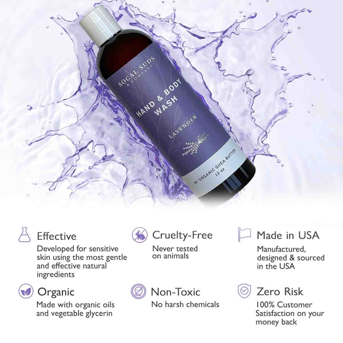 Hand & Body Wash Organic Shea Butter - Lavender Scent - Liquid Soap - Daily Body Wash for Men and Women - Moisturizing Ingredients - Gentle Shower Gel - Non-Drying - 12oz (2pack)