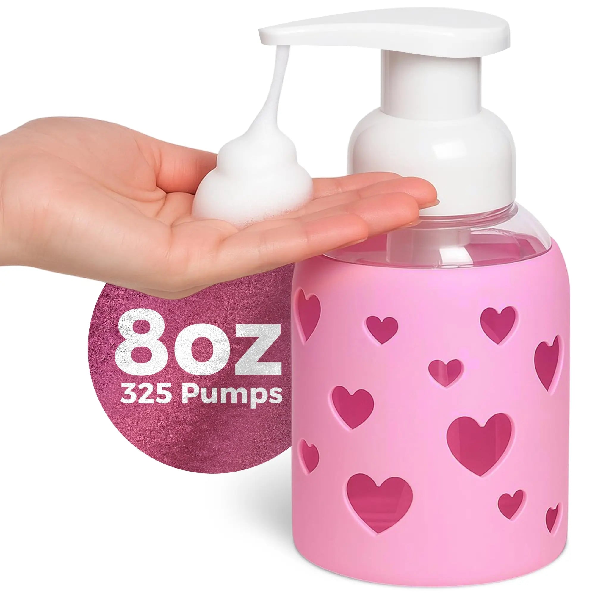 8oz foaming glass bottle with bright pink heart silicone sleeve
