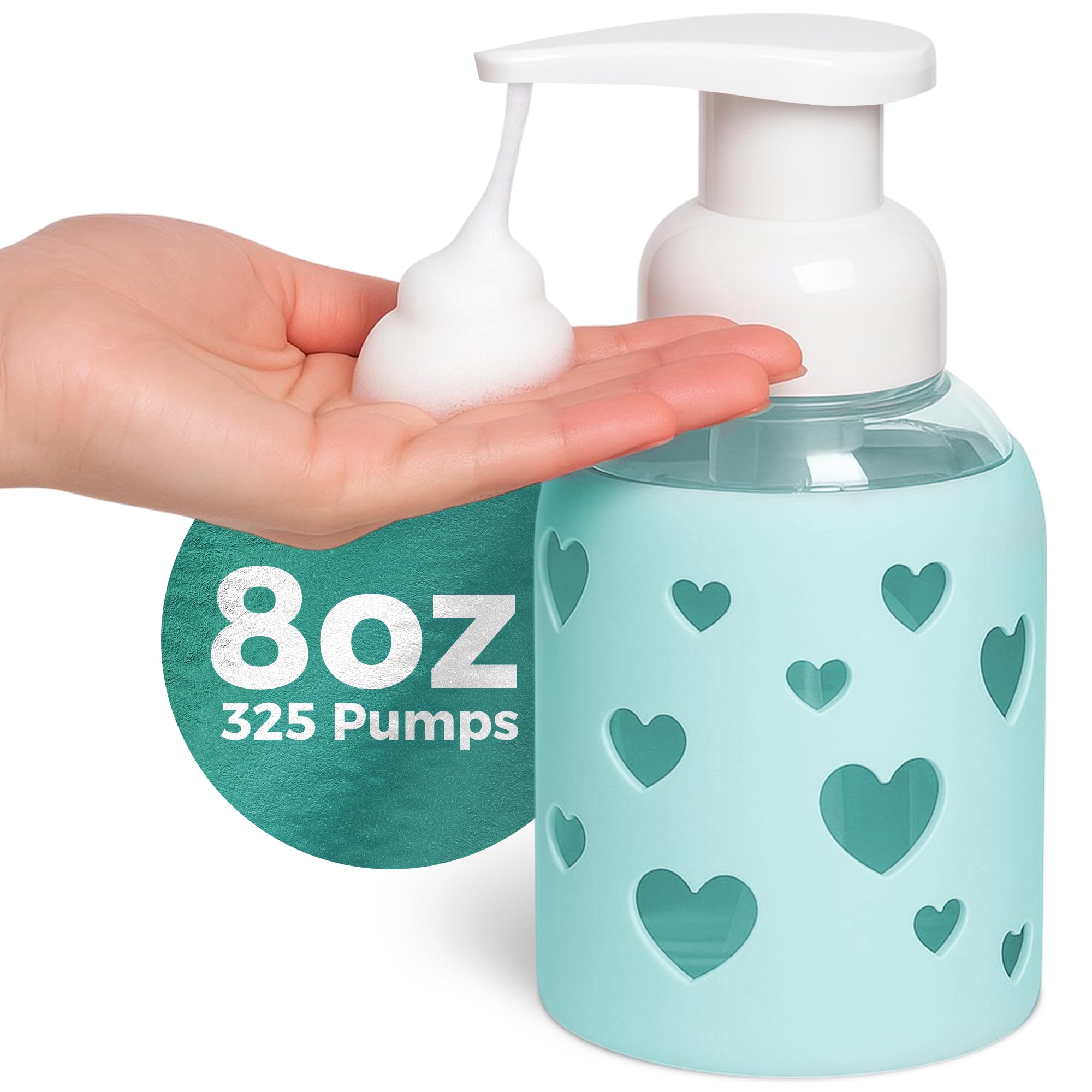 8oz foaming glass bottle with sea glass heart silicone sleeve