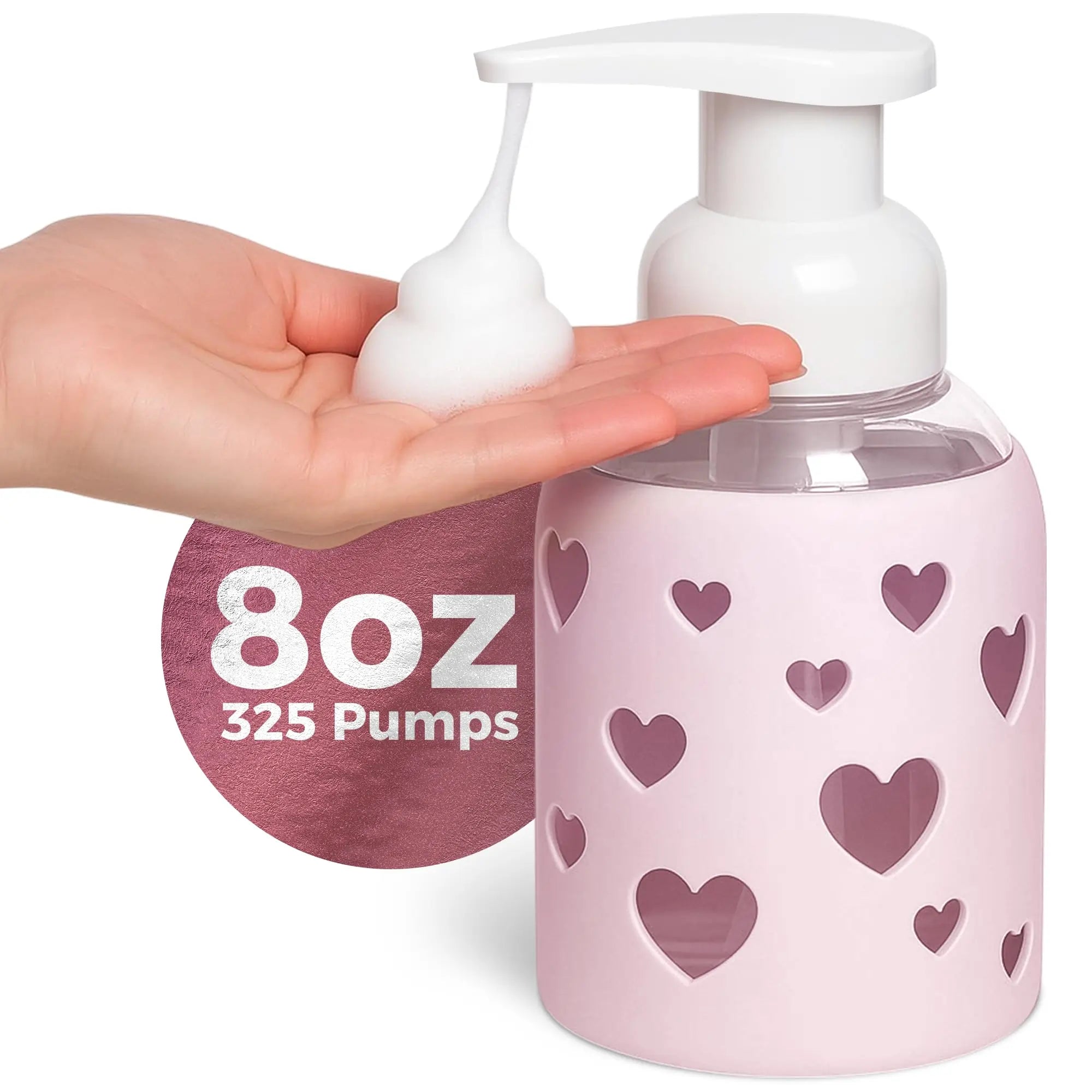 8oz foaming glass bottle with soft pink heart silicone sleeve