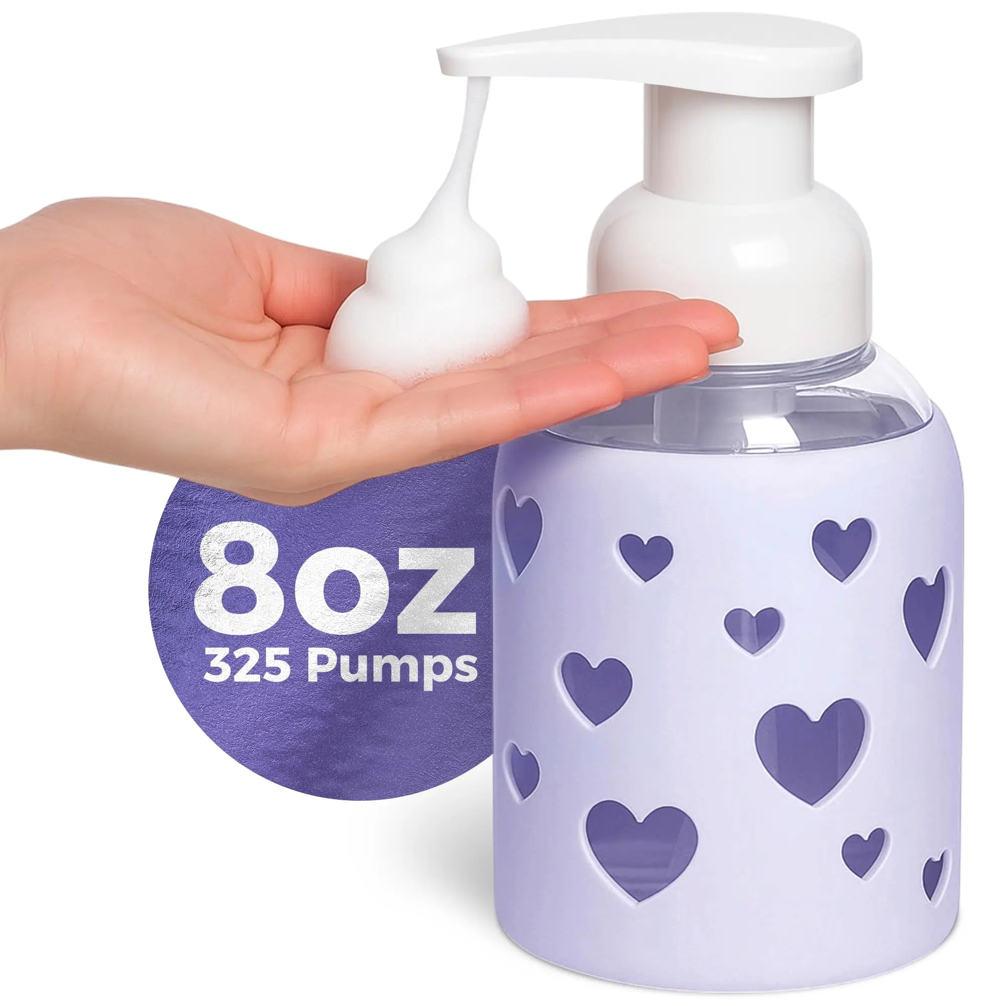 8oz foaming glass bottle with soft purple heart silicone sleeve
