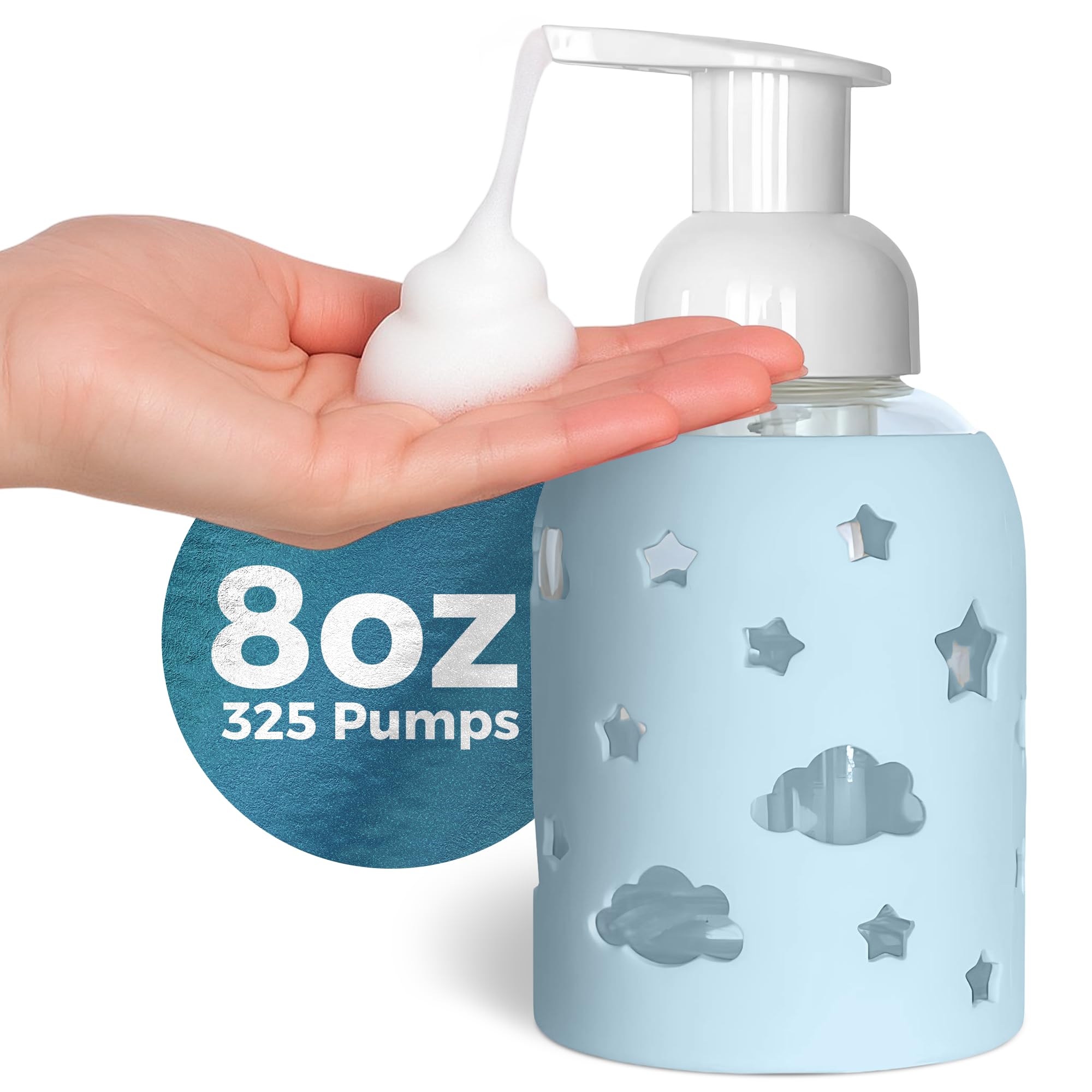 8oz glass foaming bottle with light blue silicone sleeve, refillable