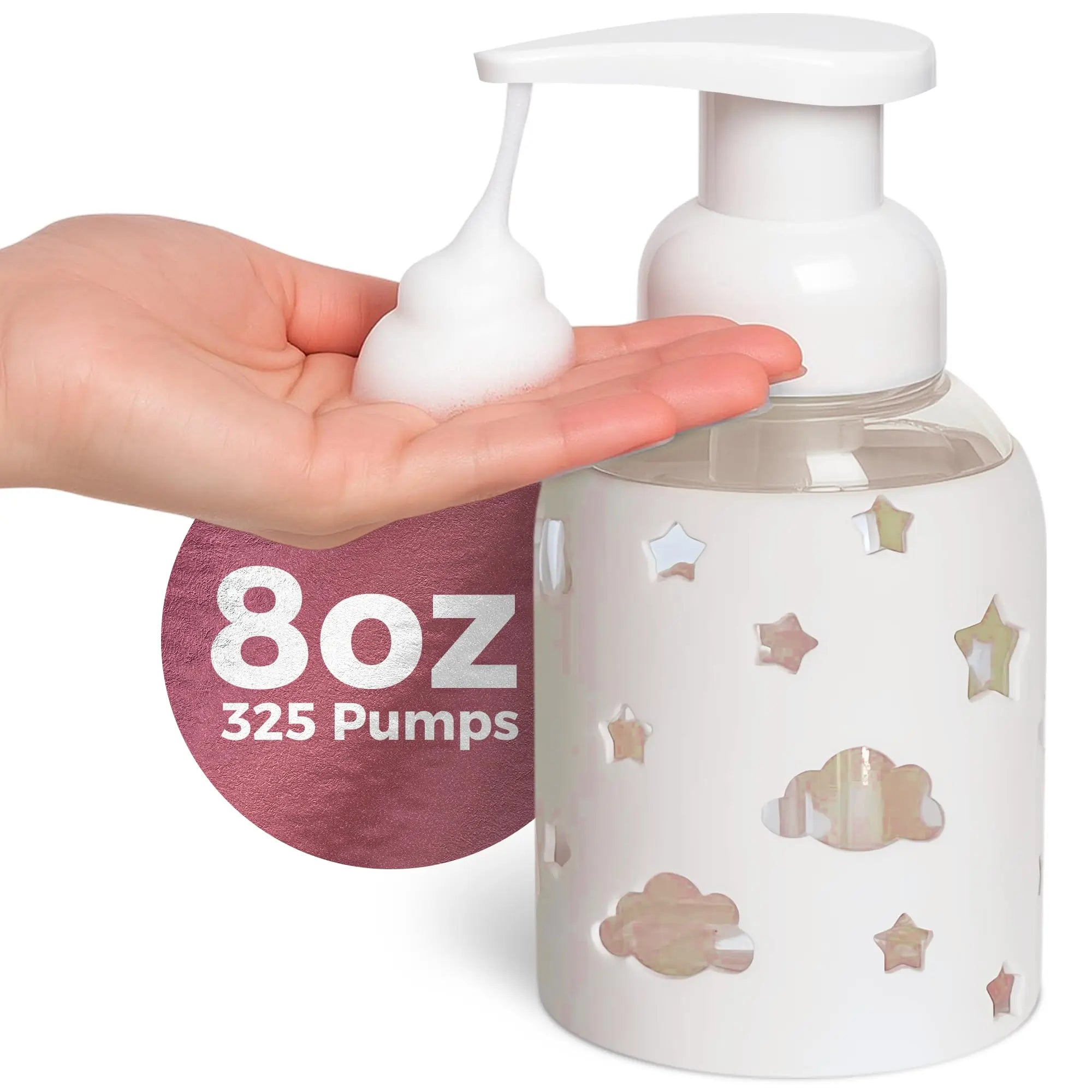 8oz glass foaming bottle with light pink silicone sleeve, refillable