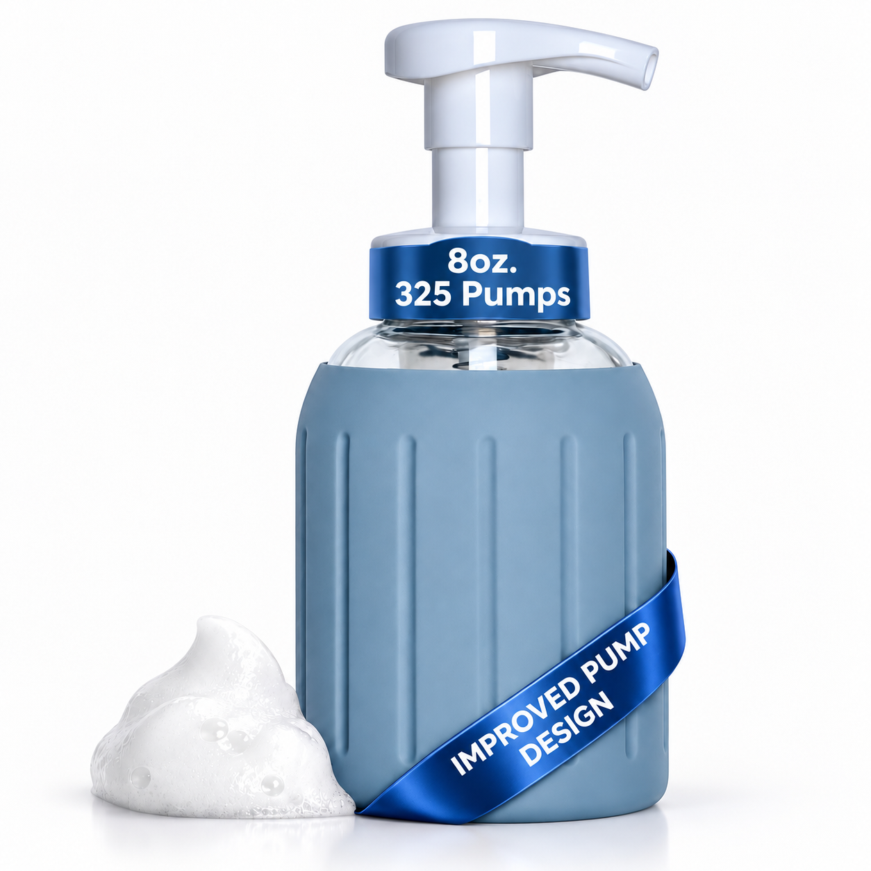 8oz Glass Foaming Soap Dispenser w/ Soft Silicone Sleeve- Fluted- Slate Blue