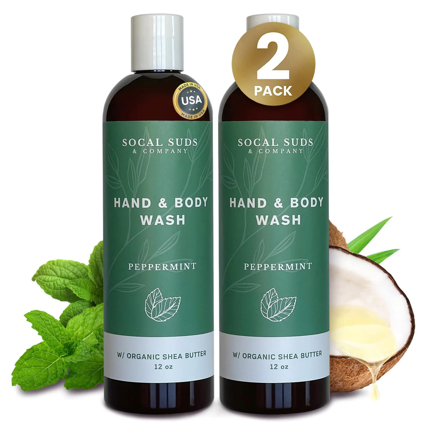 Hand & Body Wash Organic Shea Butter - Peppermint Scent - Liquid Soap - Daily Body Wash for Men and Women - Moisturizing Ingredients - Gentle Shower Gel - Non-Drying - 12oz